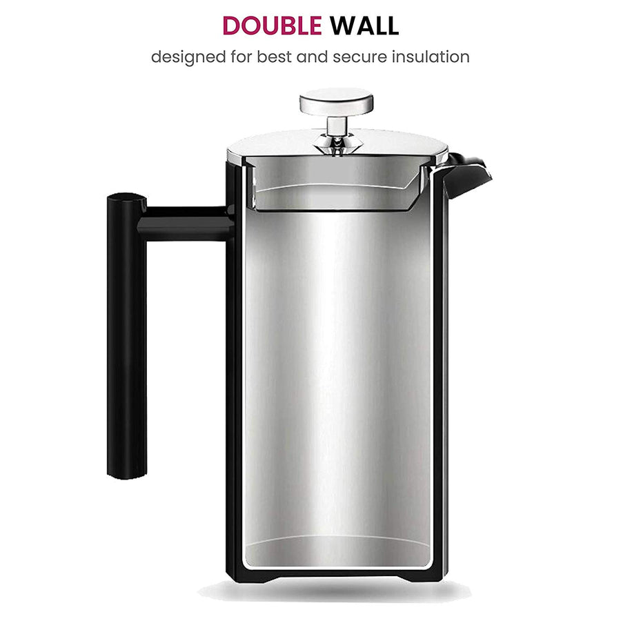 Finedine French Press Coffee Maker - (34-Oz) 18/8 Stainless Steel Double Wall Insulated Retains Heat Longer